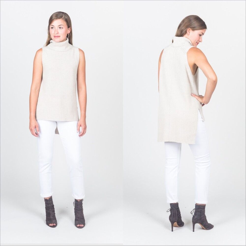 Brochu Walker Lister Wool Cashmere Turtleneck Sleeveless Sweater Size Medium Tan